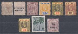 Ceylon Sc 63,123,197,208,211,241a,242,313,O12 MOG/MNG. 1872-1951  9 diff, faults