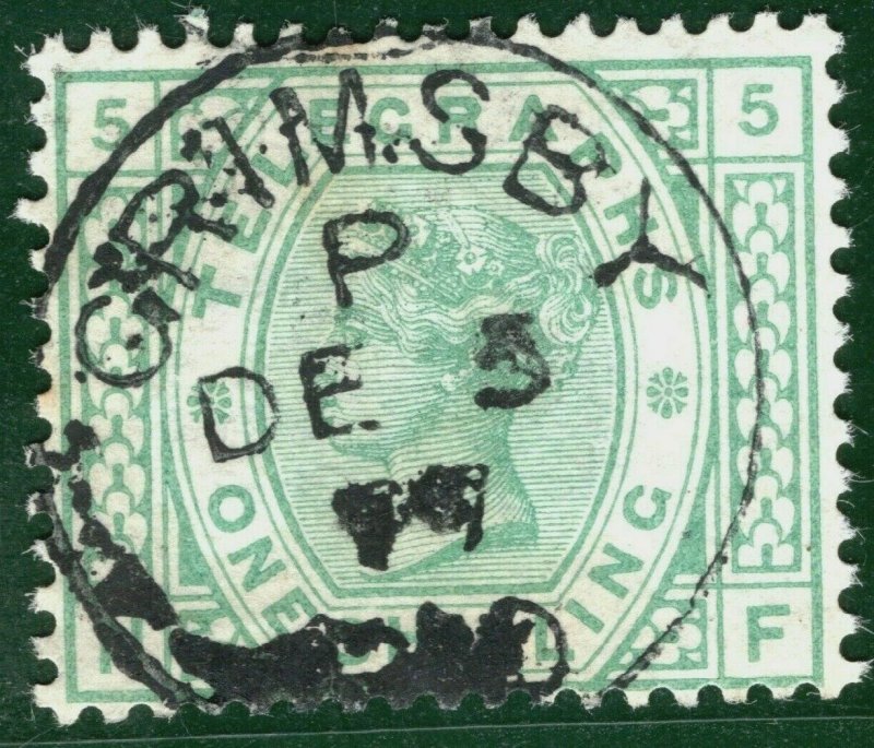 GB QV TELEGRAPHS SG.T8 1s Green Plate 5 GRIMSBY 1877 CDS Used Cat £50+ S2WHITE41