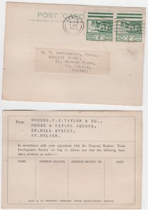 1943 Jersey ½d pair Blampied View, business p/card (First Day machine p/mark)