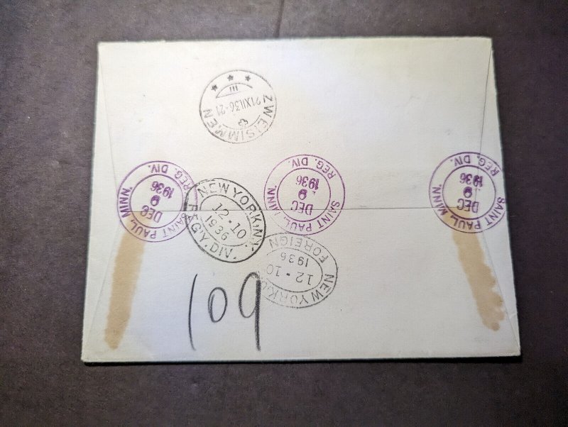 1936 Registered USA Airmail Cover St Paul MN to Zweisimmen Switzerland