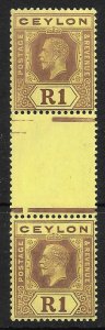 CEYLON SG354b 1925 1r PURPLE ON PALE YELLOW VERT GUTTER PAIR DIE I & II MTD MINT