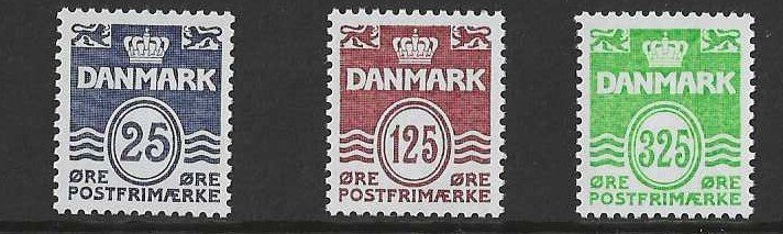 Denmark #883-85 MNH 1990 issues, wavey lines & numeral of value, issued 1990