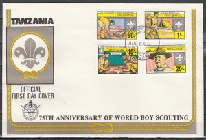 Tanzania, Scott cat. 205-208. 75th Scout  Anniversary issue. First day cover ^