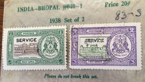 1938 India-Bhopal State Set of 2 Used/Cancelled #040-1 83-S Littleton Stamp Co