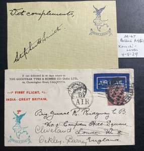 1929 Calcutta India First Flight Airmail cover FFC To London England W Postcard