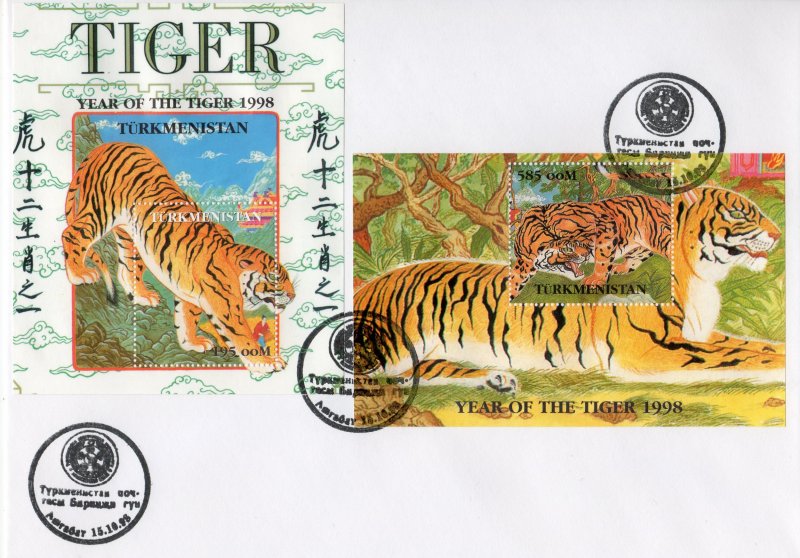 Turkmenistan 1998 YT#Bl.17/18 YEAR OF THE TIGER CHINESE NEW YEAR 2 S/S Perf.FDC