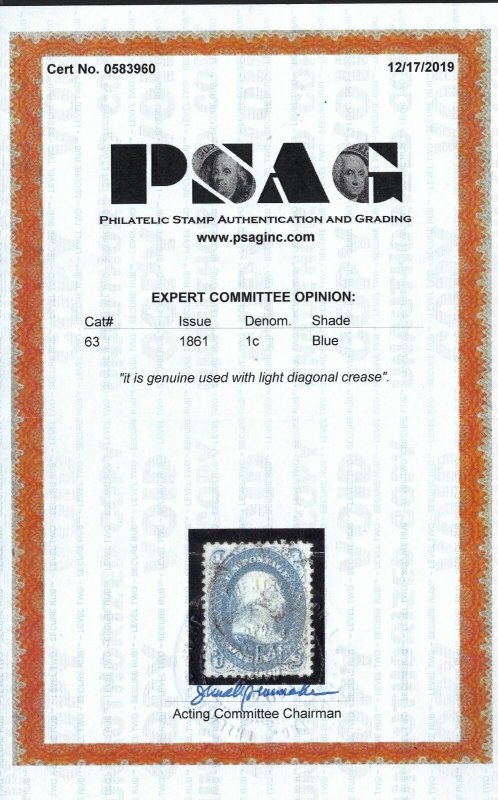 63 VERY FINE WITH CERTIFICATE