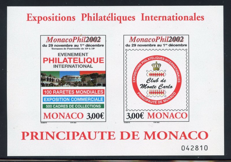 Monaco 2274 MNH, Monaco Intl. Philatelic Exposition Souvenir Sheet from 2002