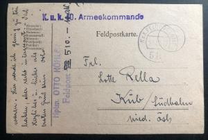 1917 Austria KuK 10 armeekommando Feldpost WW1 Postcard Cover To Kub