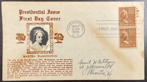 849 Crosby cachet Martha Washington Line Pair Coils,  Prexie Series FDC 1939