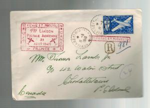 1948 St Pierre Miquelon First FLight airmail cover FFC to Charlottetown Canada