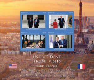 Mustique 2018 - President Trump Visits Paris, France - Sheet of 4 Stamps - MNH