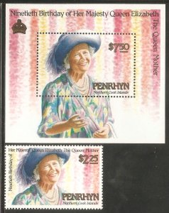 PENRHYN ISLANDS Sc# 384 - 385 MNH FVF Set 1 + SS Queen Mother 90th Birthday