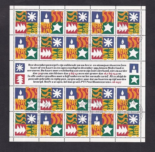 Netherlands  #871-872 cancelled   1994    Christmas sheet with  20 stamps