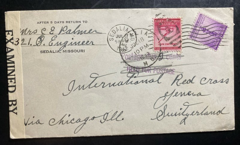 1942 Sedalia MD USA Censored Cover To Red Cross Geneva Switzerland Postage Due