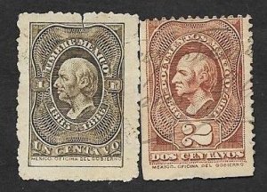 SE)1886 MEXICO, 2 HIDALGO TAX STAMPS 1C MINT & 2C USED