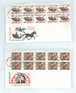 US 2427a/2429a 1989 25c christmas stamps, comtemporary - sleigh design, traditional - carracci's the dream of st. cather...