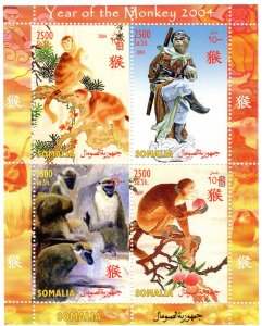 Somalia 2004 YEAR OF THE MONKEY - MONKEYS Chinese New Year 2004 Sheetlet (4) MNH