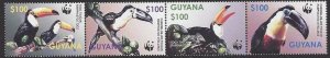 Guyana #3792a-d MNH strip of 4, WWF birds, toucans, issued 2003