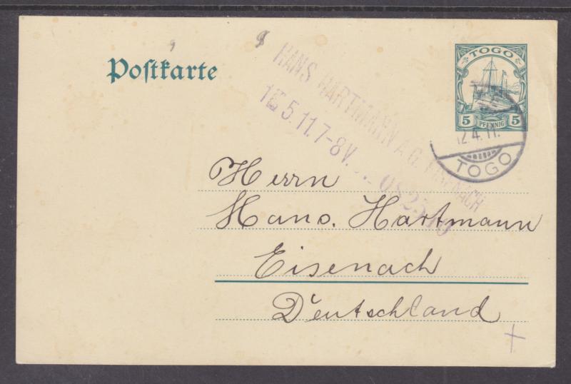 Togo Mi P16 used 1911 5pf Postal Card, LOME-EISENACH, GERMANY