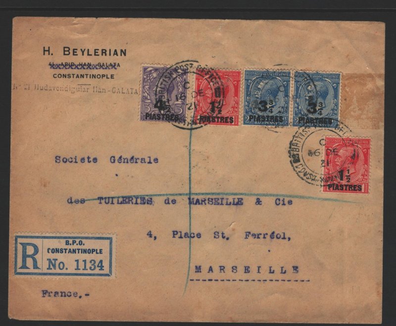 Great Britain Office in Turkey Sc#56-58 Used on Registered Cover to France