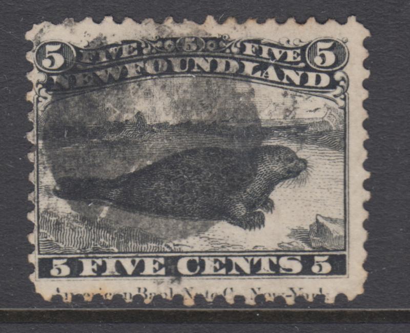 Newfoundland Sc 26 used. 1868 5c black Harp Seal, cork cancel, sound