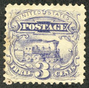 US #114 SCV $325. 3c Locomotive, VF/XF mint hinged, wonderful centering, fres...