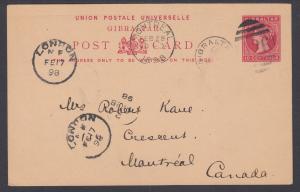 Gibraltar H&G 16 used 1889 10c Queen Victoria Postal Card to Montreal, Canada