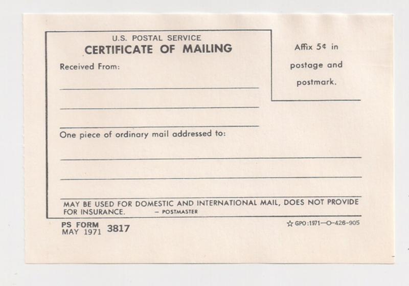 1971 Certificate of Mailing Form 3817 Five Cents imprint USPOD