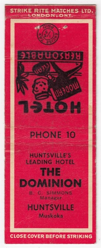 Canada Revenue 1/5¢ Excise Tax Matchbook THE DOMINION HOTEL Huntsville