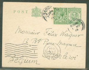 Great Britain  1 half penny printed stamp on postal with added 1 half penny adhesive from bangor to belgium, written in french