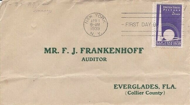 853 3c NY WORLD'S FAIR - F. J. Frankenhoff SARE