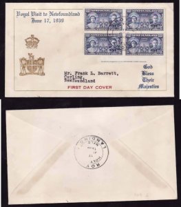 Newfoundland-FDC-cover-Sc#249- id59-Royal Visit-June 17 1939-block, inscription