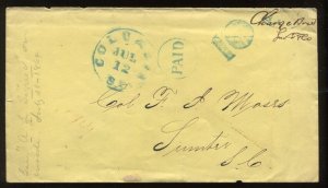 Confederate Columbia South Carolina Stampless 'PAID 10' Cover CSA CV $200 LV6682