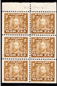 van Dam FWT8c, 2c brown, booklet pane of 6, MLH (2 stamps), War Tax, Canada