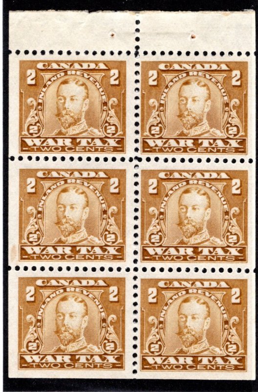 van Dam FWT8c, 2c brown, booklet pane of 6, MLH (2 stamps), War Tax, Canada