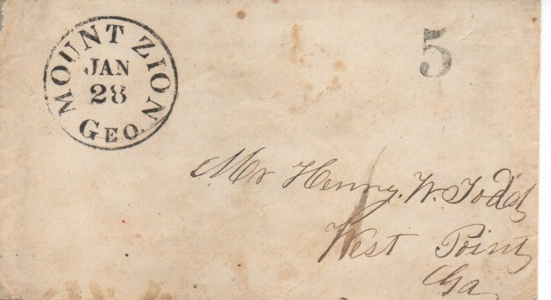 Georgia Stampless Cover Mount Zion Jan 28 - Unlisted - RARE- Town - No contents