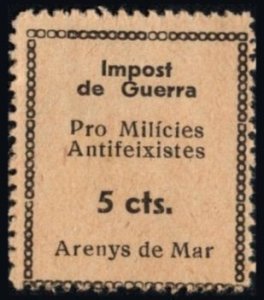 1937 Spain Civil War Local Revenue Arenys de Mar 5 Centimos War Tax