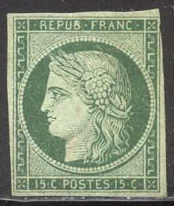 FRANCE #2 RARE Unused w/Cert - 1849 15c Green