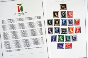 COLOR PRINTED ITALY RSI + AMG 1943-1947 STAMP ALBUM PAGES (18 illustrated pages)