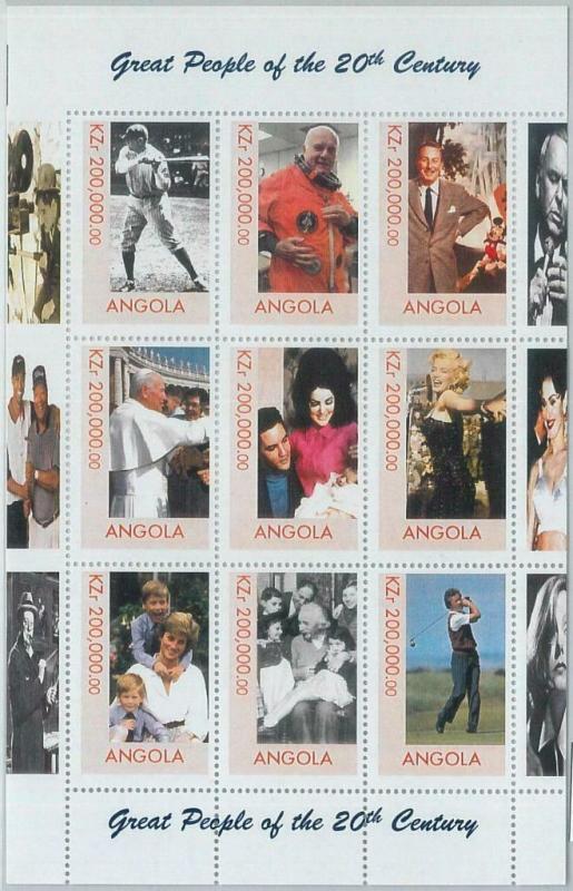 2320 - ANGOLA, MINIATURE SHEET: Diana, Einstein, Disney, Elvis, Sinatra, Monroe