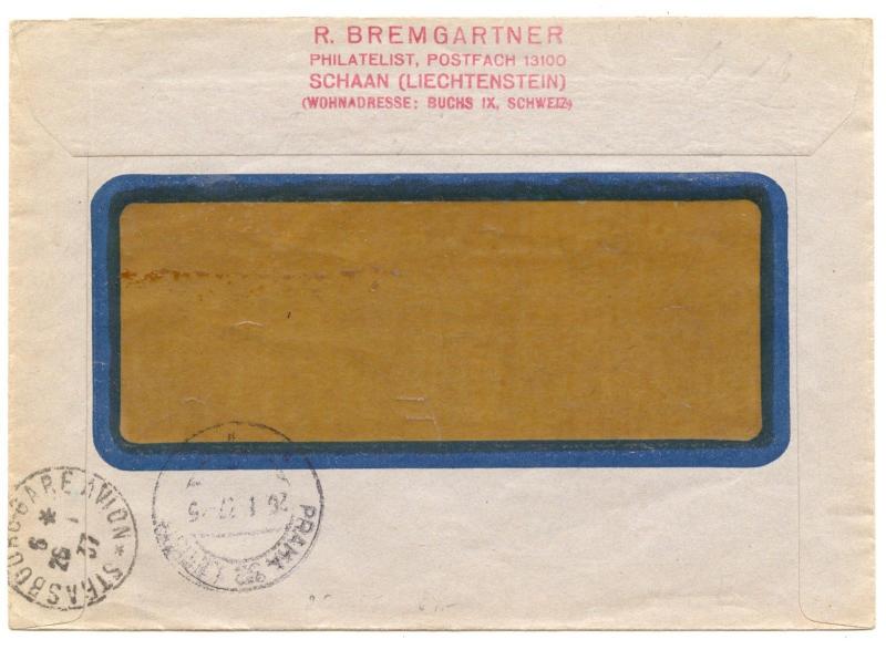 Liechtenstein, 1936 Zeppelin, 1 FR. on registered C.O.D. cover to Prague