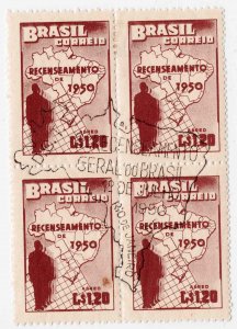 Brazil 1950 Unique Cancel National Census Hinged Block of 4 CTO Original Gum