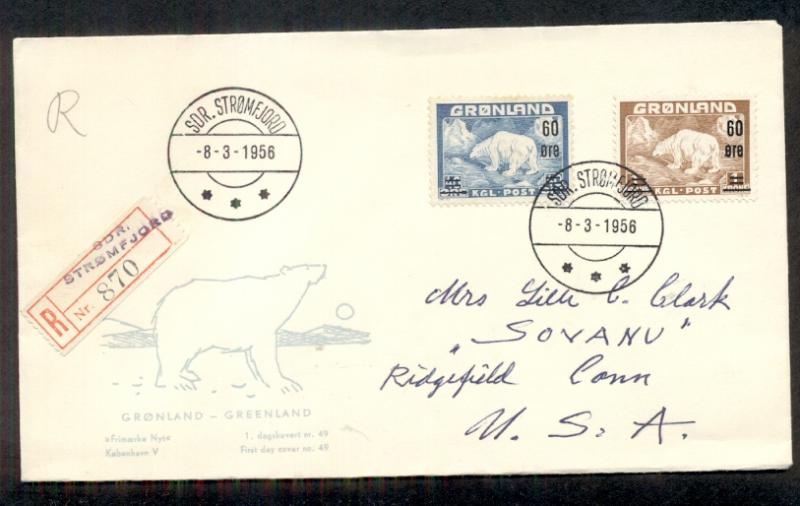 GREENLAND 1956 Polar Bear Ovpt set of 2 on FDC with cachet, VF