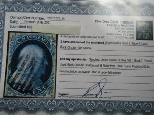 US Stamps, Scott # 7 used 1851, Type II,B Relief from plate 1 with Certificate,