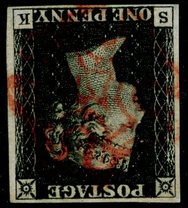 SG2, 1d black PLATE 1b, FINE USED. Cat £2500. RED MX. WMK INV. SK 