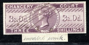 GB QV Revenue Stamp 3s Chancery Court (1857) INVERTED WATERMARK Used G2WHITE27