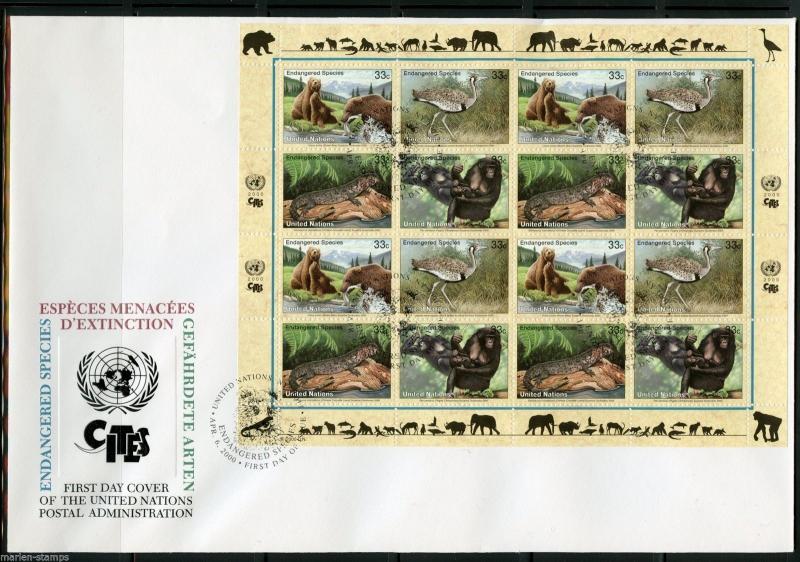 UNITED NATIONS SPECTACULAR COVER HOLDING 2000  ENDANGERED SPECIES 4 FDC 