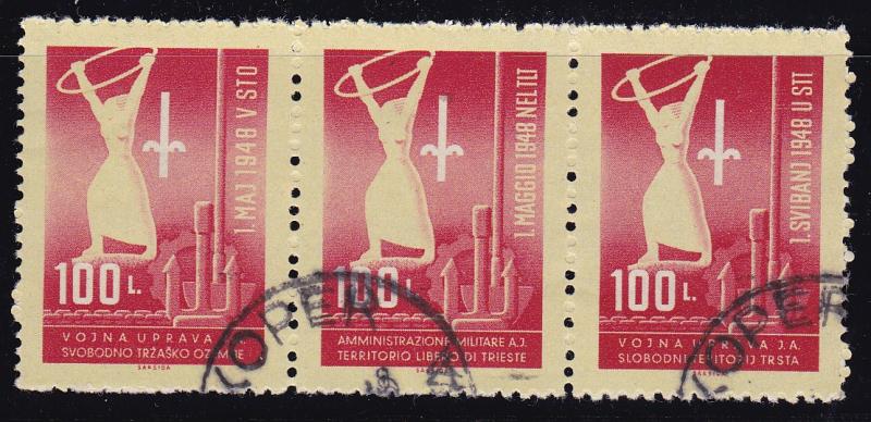 Yugoslavia-Trieste 1948 Tri-Lingual Strip of Three.Stylized Gymnast Lokar Cancel