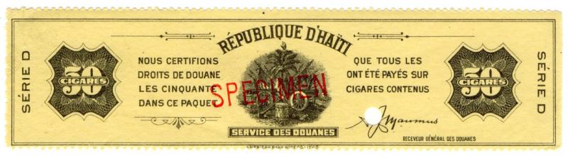 (I.B) Haiti Revenue : Tobacco Duty 50 Cigars (ABN Specimen)